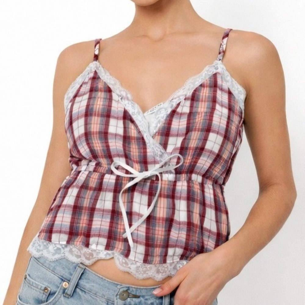 American Eagle Lace Babydoll Cami Top XL Womens Plaid Red Y2K Grunge Coquette
